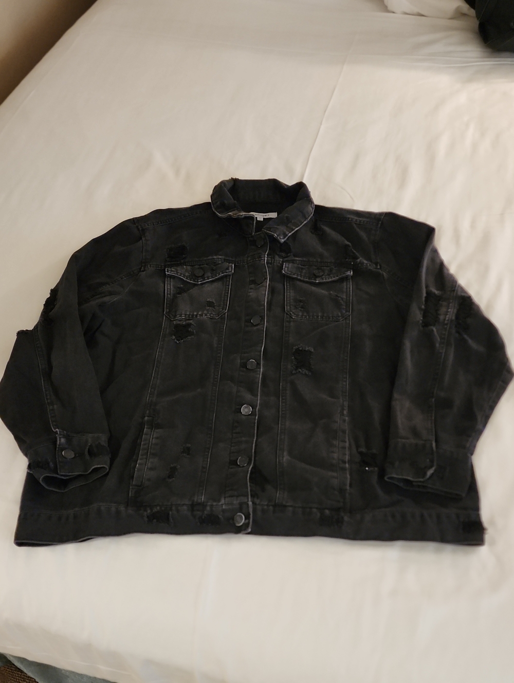refuge+ Black Distressed Denim Jacket with Frayed Collar